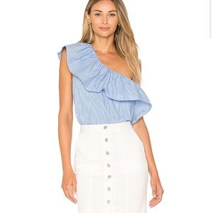 3F20 1.State One Shoulder Blue Striped Ruffle Top
